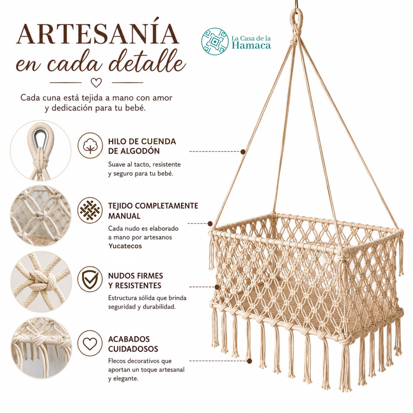 Detalles del hilo de cuenda de algodón, tejido manual, nudos y acabados de cuna colgante artesanal para bebé