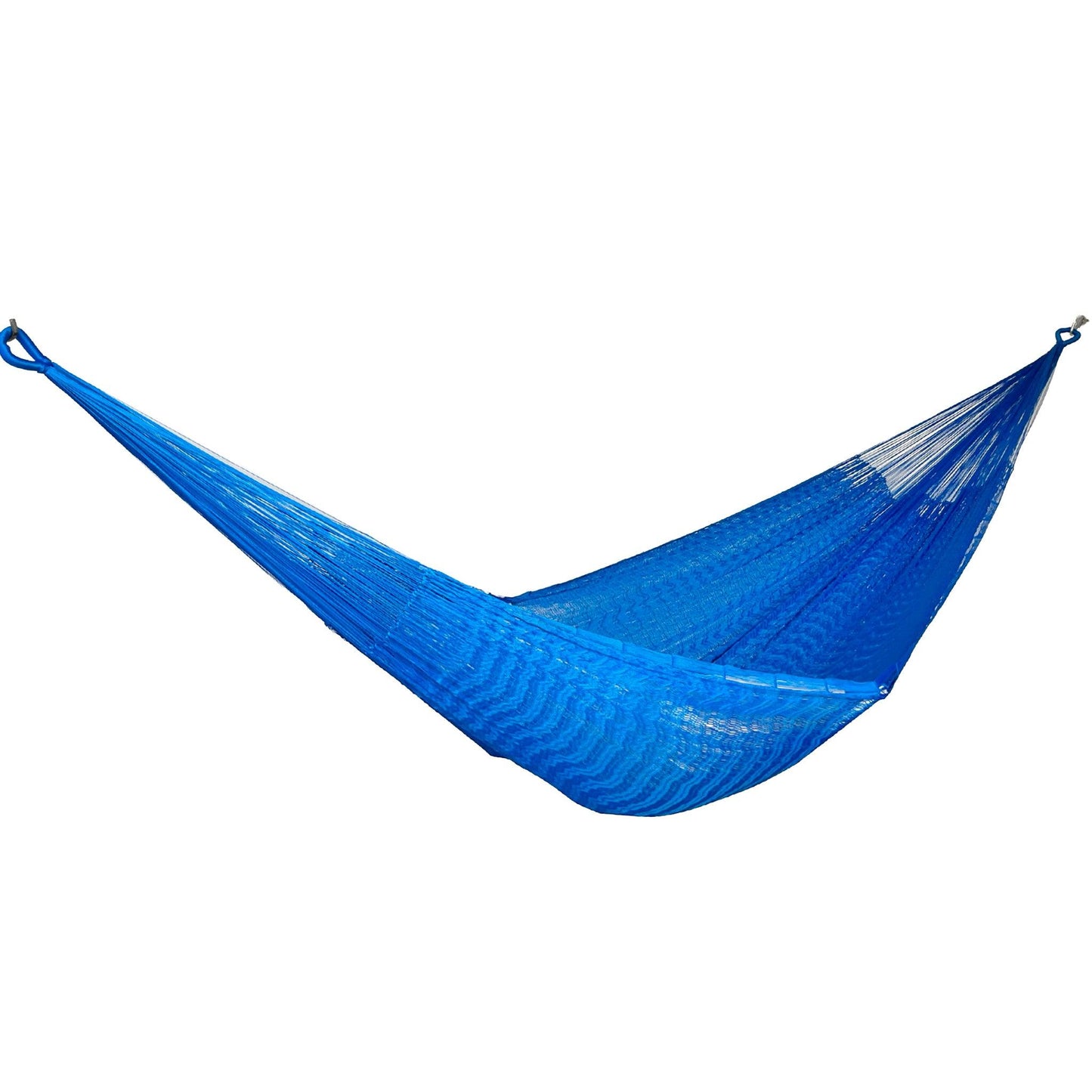 Hamaca artesanal Yucateca de nylon color azul vista lateral