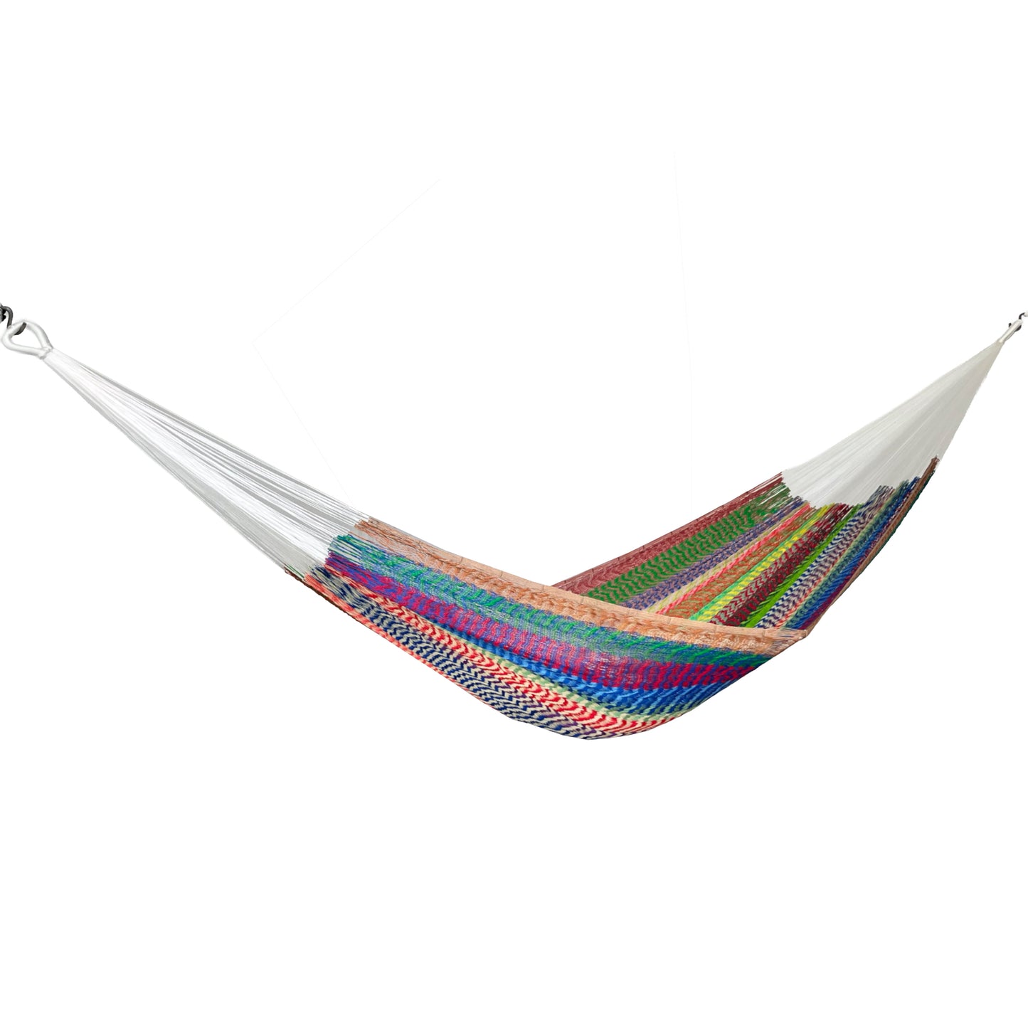 Hamaca artesanal Yucateca de nylon con mezcla de colores vista lateral