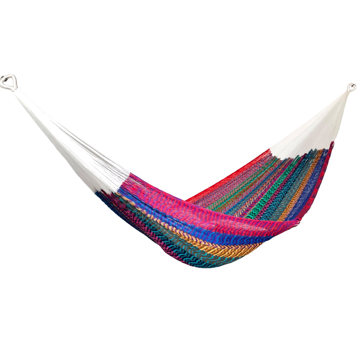 Hamaca artesanal Yucateca de nylon con mezcla de colores vista lateral