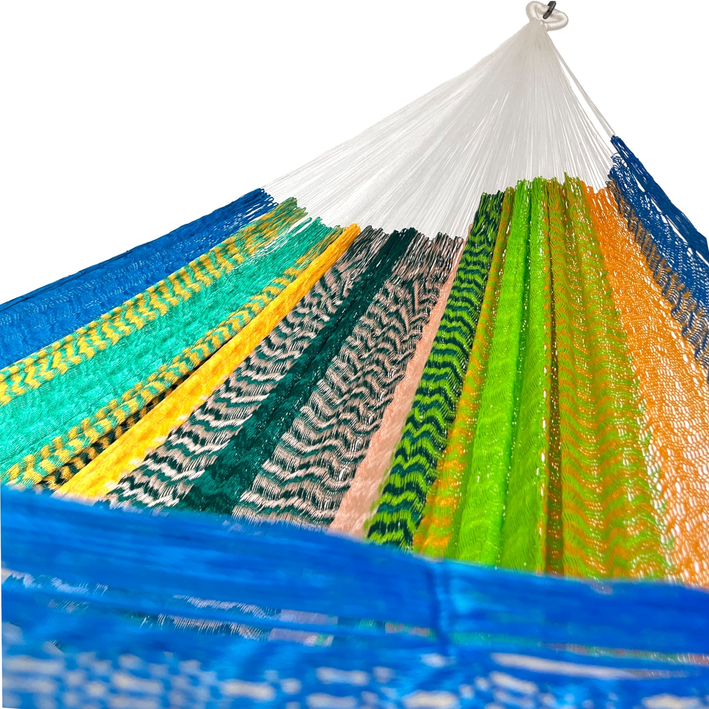 Interior mostrando brazo y tejido de hamaca artesanal Yucateca de nylon multicolor