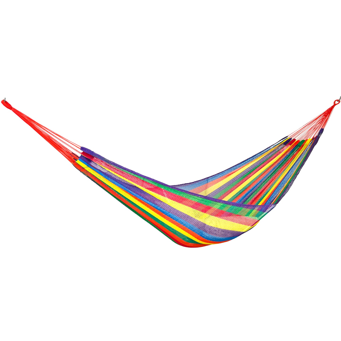 Hamaca tipo red de nylon king size arcoíris vista lateral