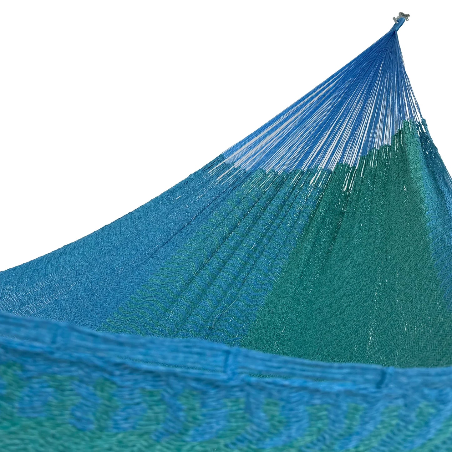 Interior de hamaca Yucateca artesanal de algodón suave modelo Azul Verdoso mostrando el tejido y el brazo