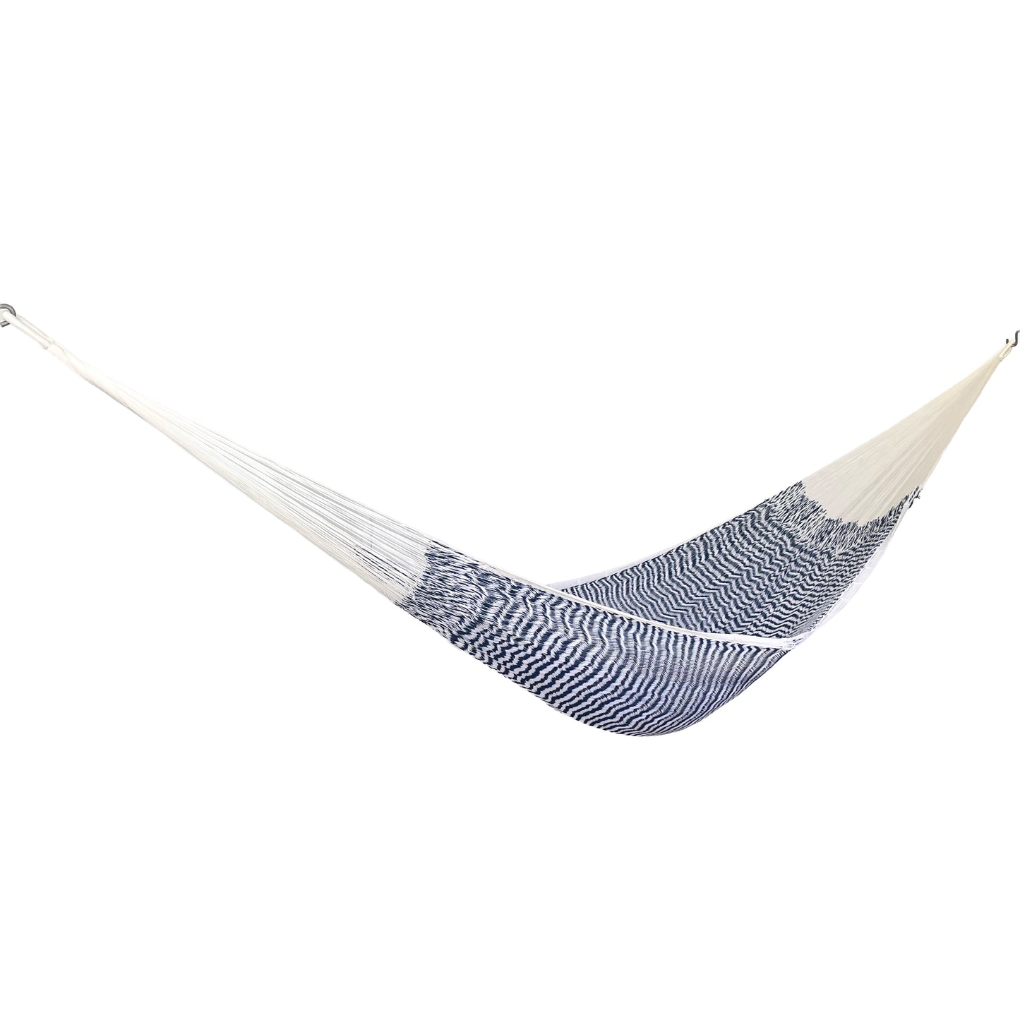 Hamaca Yucateca artesanal de algodón suave color azul y blanco vista lateral