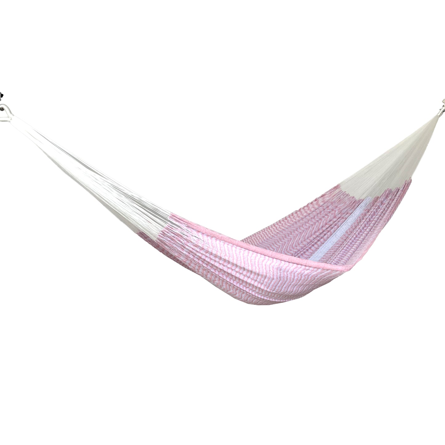Hamaca Yucateca artesanal de algodón suave color blanco y rosa claro vista lateral