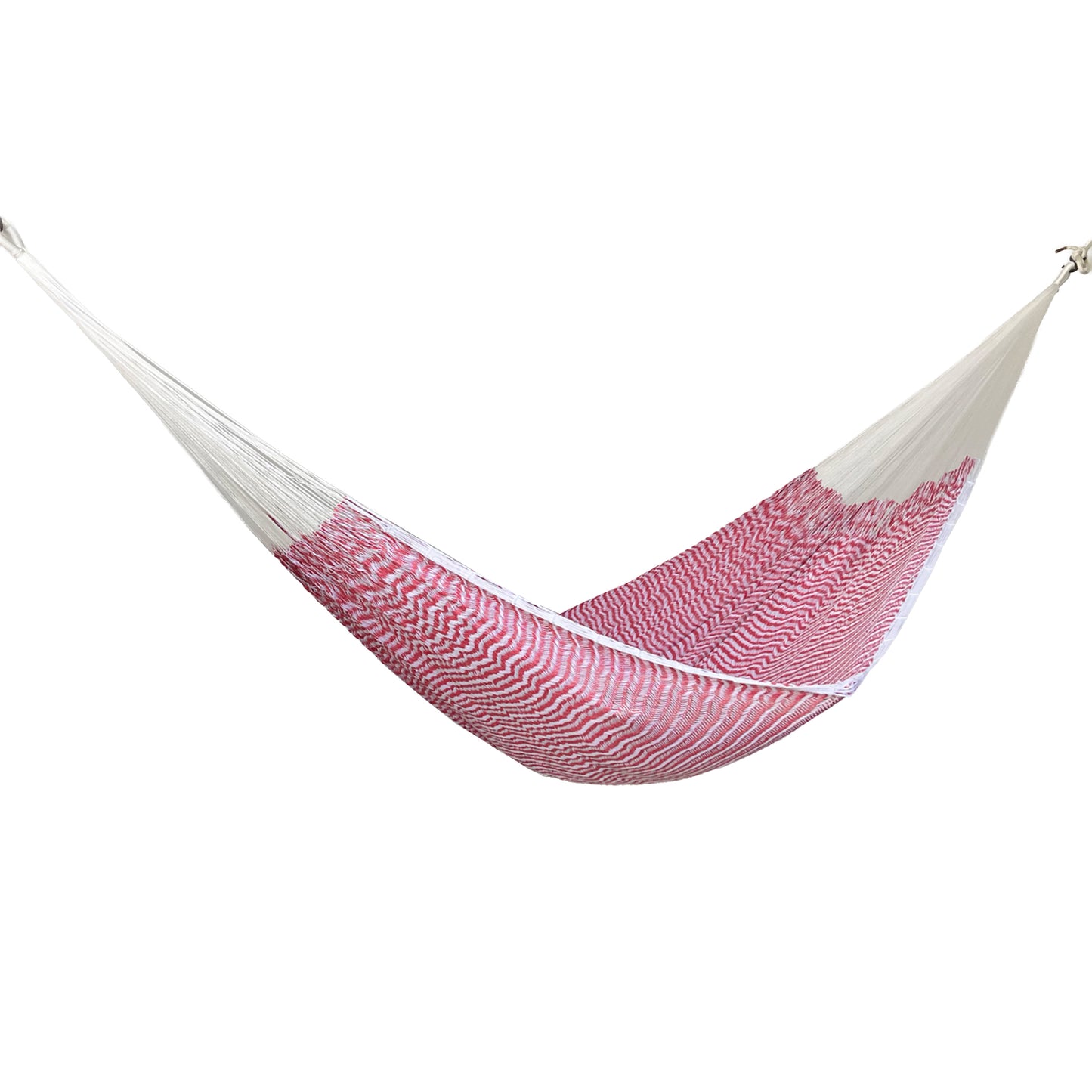 Hamaca Yucateca artesanal de algodón suave color blanco y rosa vista lateral