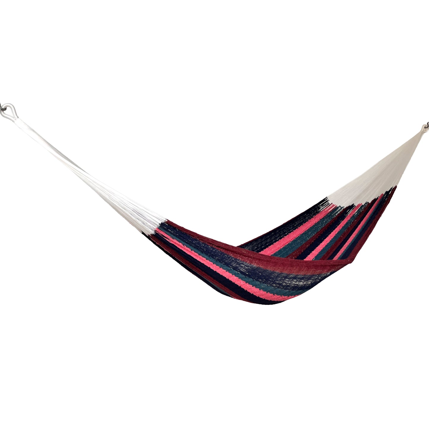 Hamaca Yucateca artesanal de algodón suave rayada multicolor vista lateral