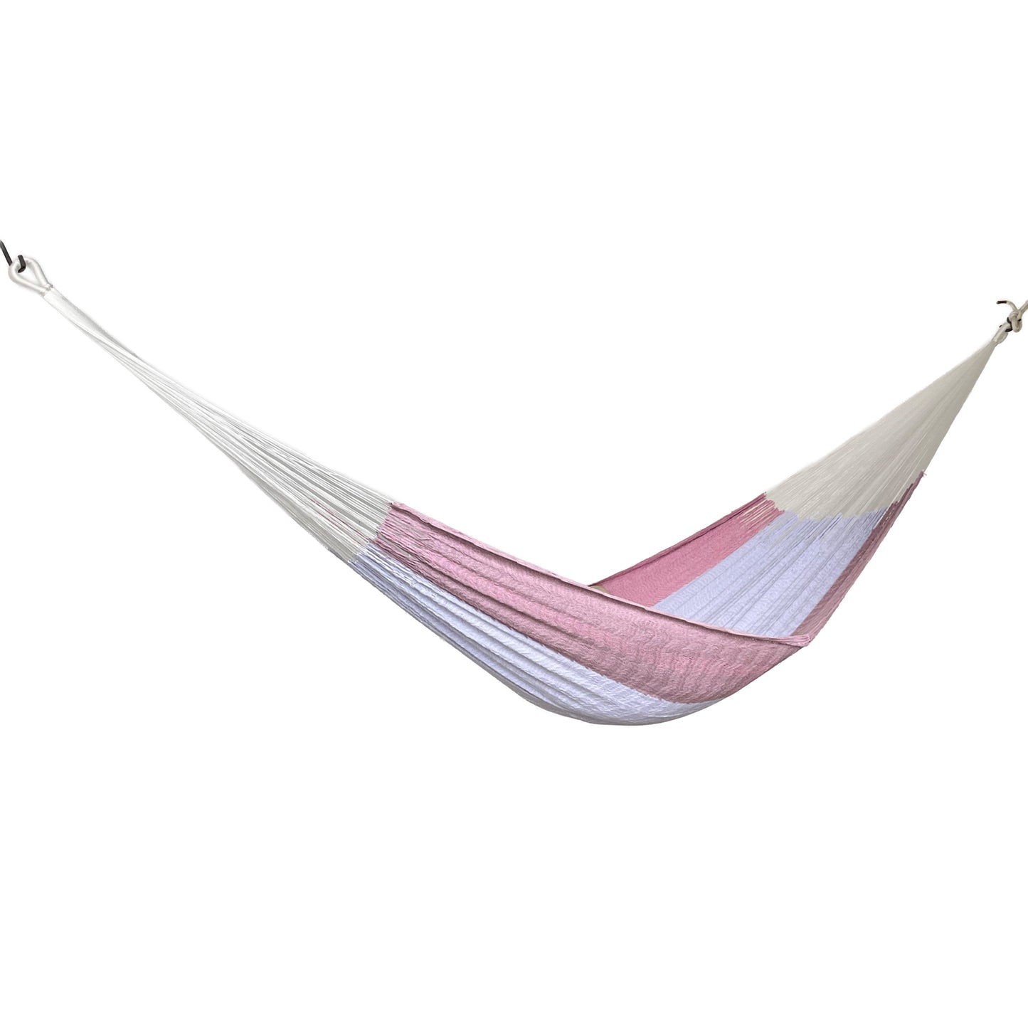 Hamaca Yucateca artesanal de algodón suave color rosa claro y blanco vista lateral