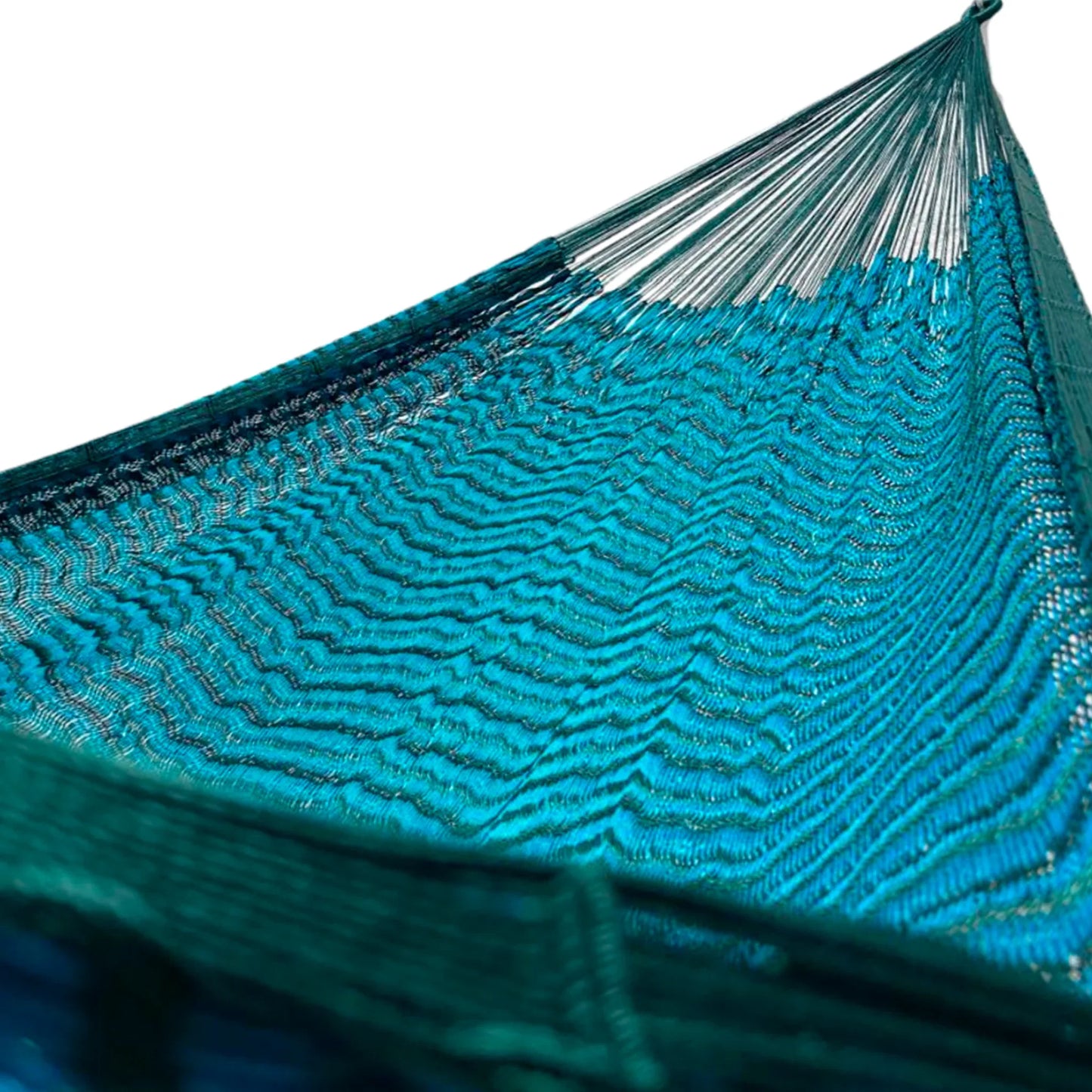 Interior de hamaca Yucateca de hilo 18 de nylon azul petróleo y verde mostrando el tejido y el brazo