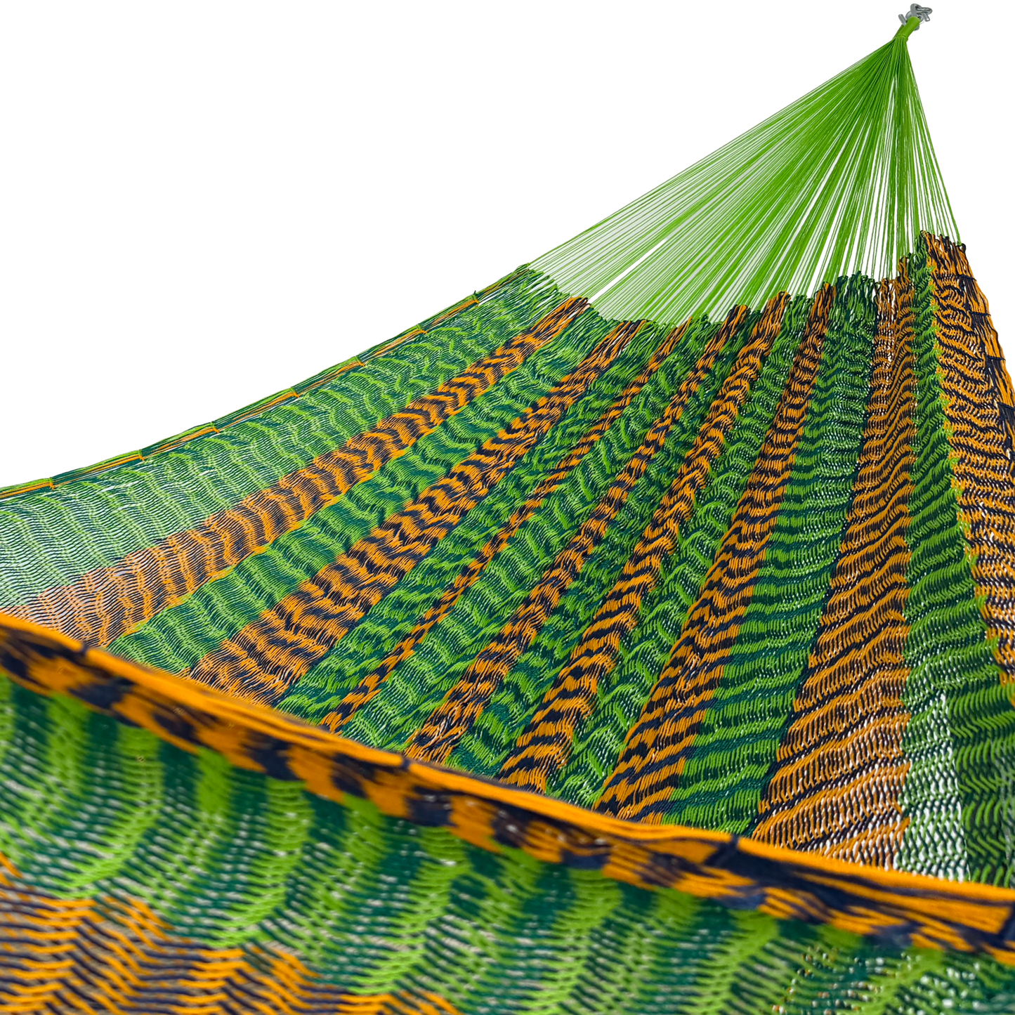 Interior de hamaca Yucateca de hilo 18 de nylon verde y naranja mostrando el tejido y el brazo