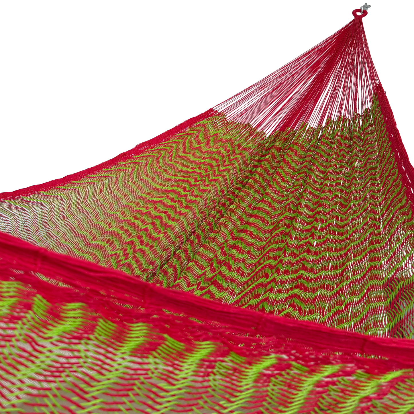 Interior de hamaca Yucateca de hilo 18 de nylon verde y rojo mostrando el tejido y el brazo