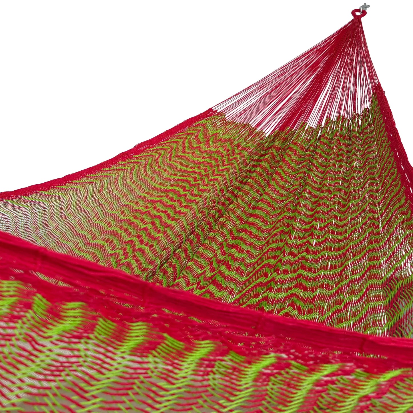 Interior de hamaca Yucateca de hilo 18 de nylon verde y rojo mostrando el tejido y el brazo