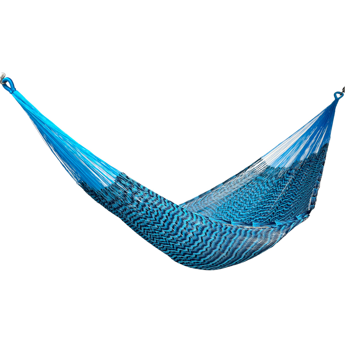 Hamaca Yucateca artesanal de nylon hilo 18 color azul claro y oscuro vista lateral