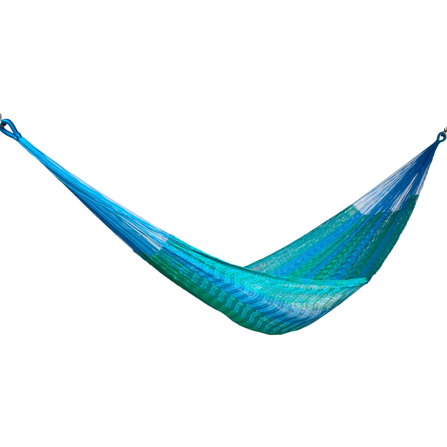 Hamaca Yucateca artesanal de nylon hilo 18 color azul claro y verde vista lateral