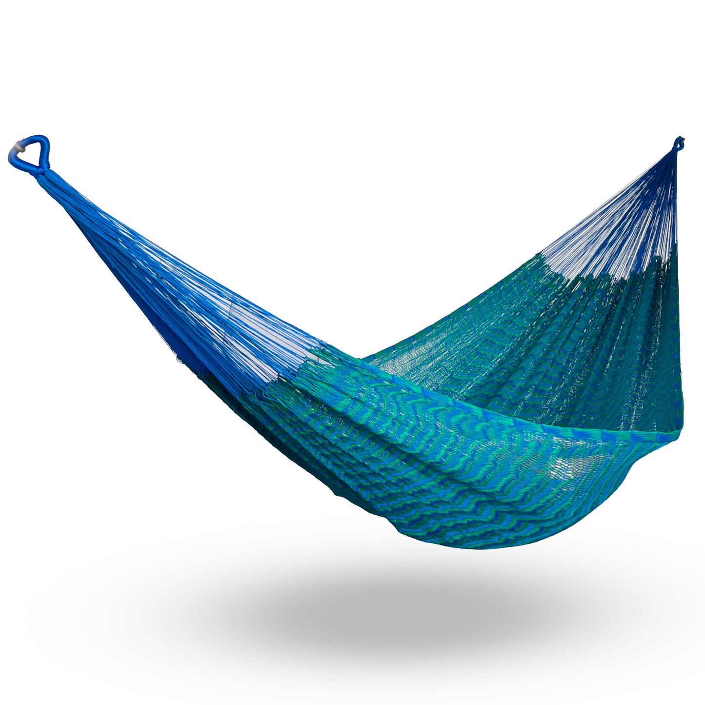 Hamaca Yucateca artesanal de nylon hilo 18 color azul colgada y abierta