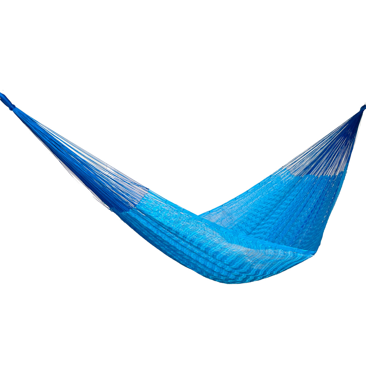 Hamaca Yucateca artesanal de nylon hilo 18 color azul vista lateral