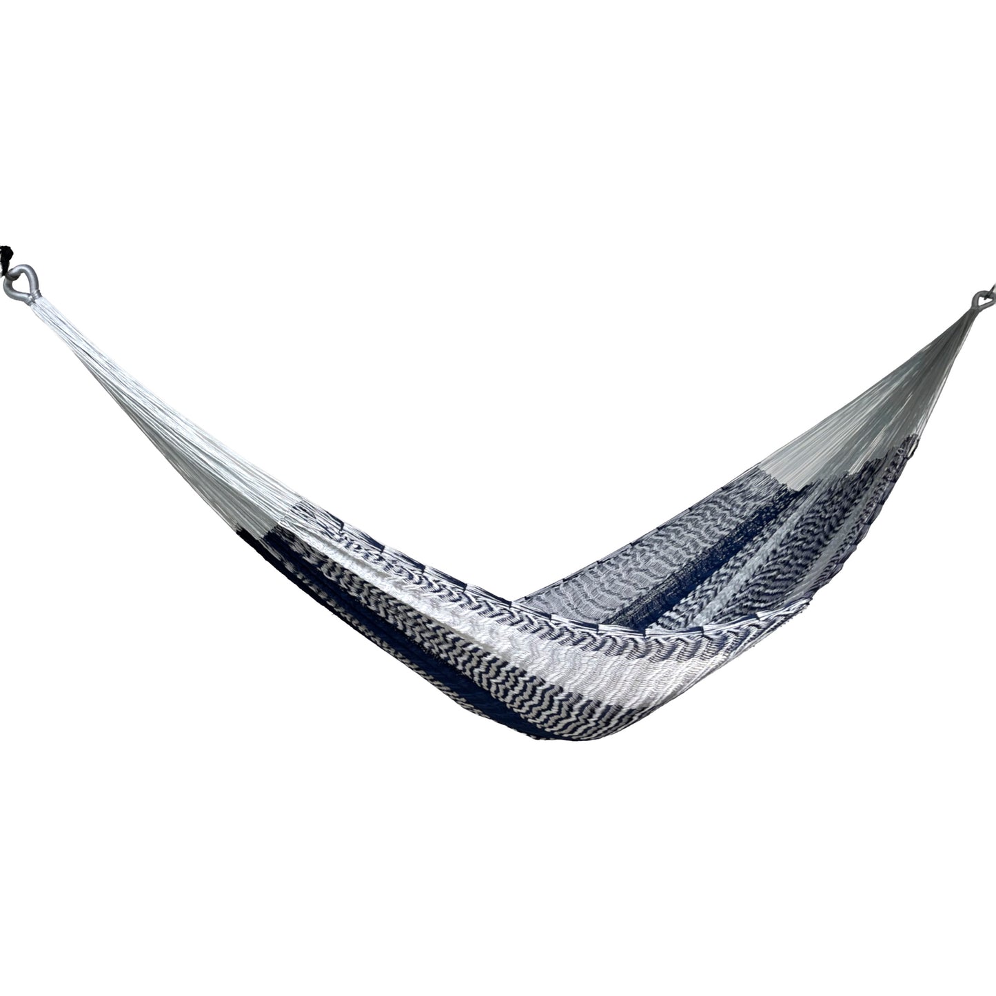 Hamaca Yucateca artesanal de nylon hilo 18 color azul y gris vista lateral