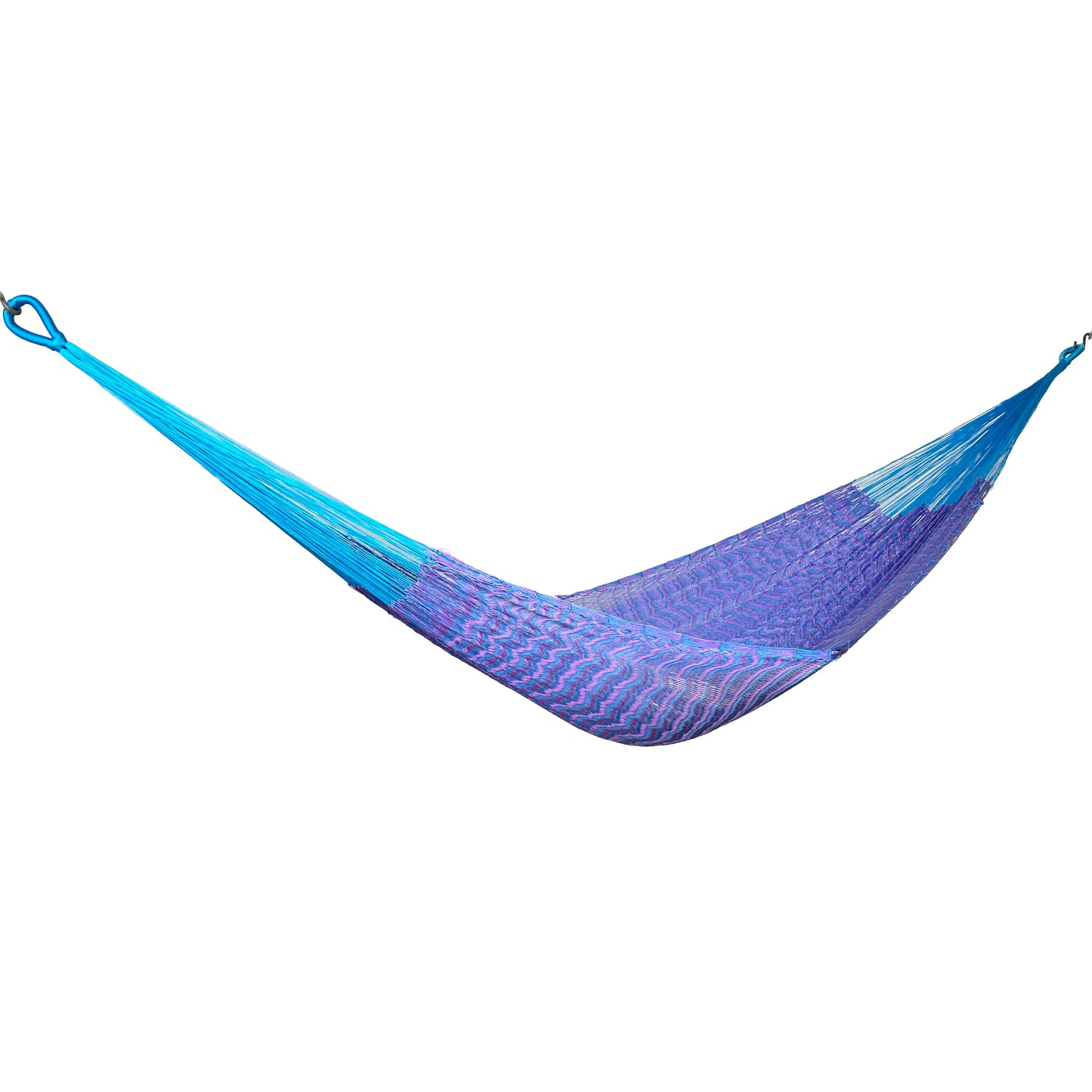 Hamaca Yucateca artesanal de nylon hilo 18 color azul y morado vista lateral