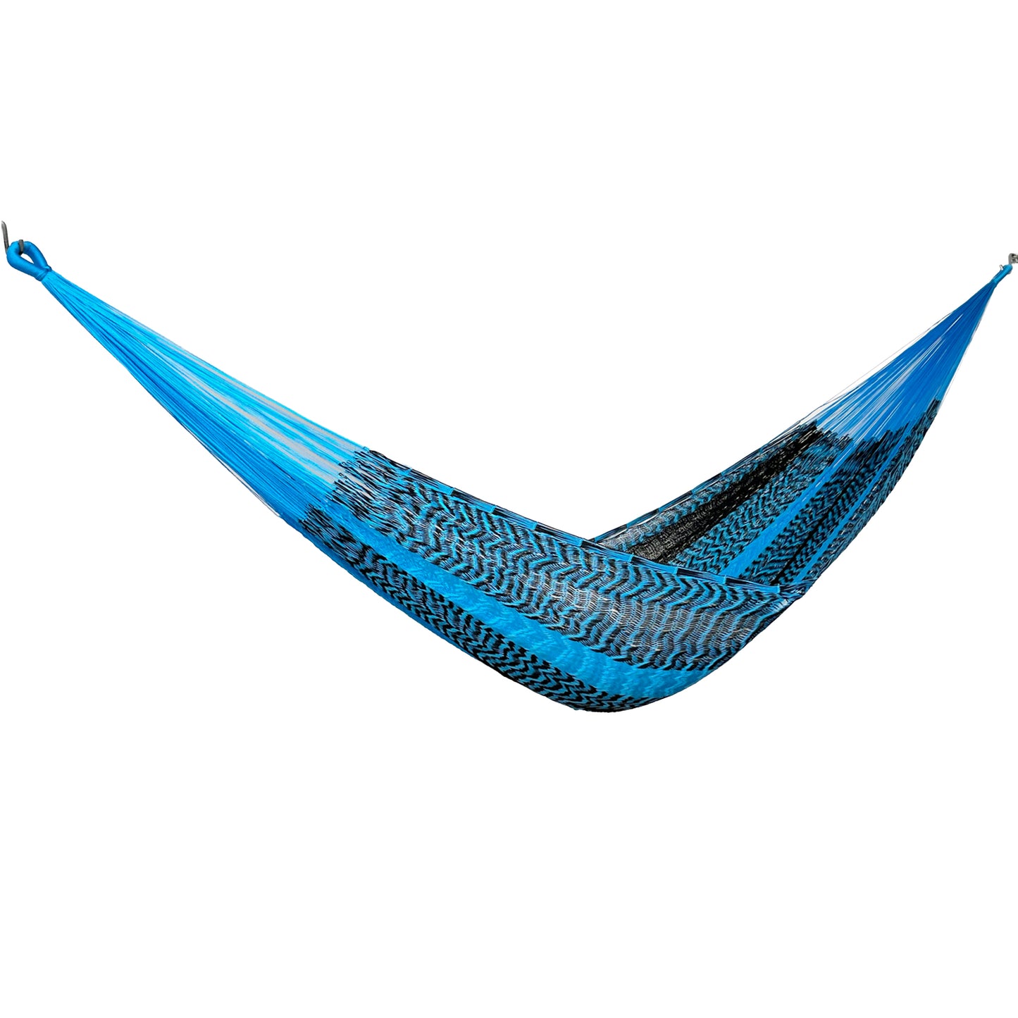 Hamaca Yucateca artesanal de nylon hilo 18 color azul y negro vista lateral