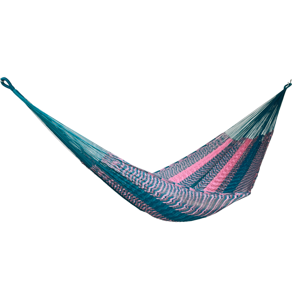 Hamaca Yucateca artesanal de nylon hilo 18 color azul y rosa vista lateral