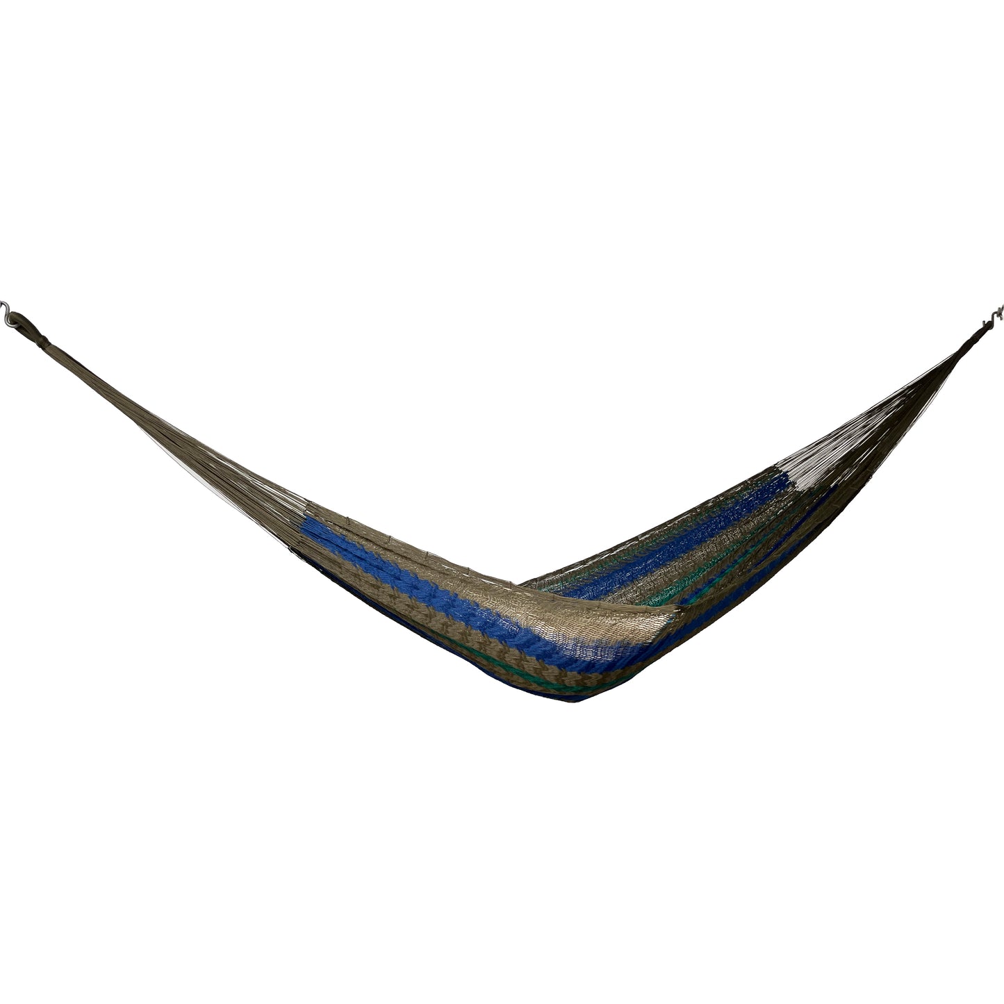 Hamaca Yucateca artesanal de nylon hilo 18 color azul y verde oscuro vista lateral