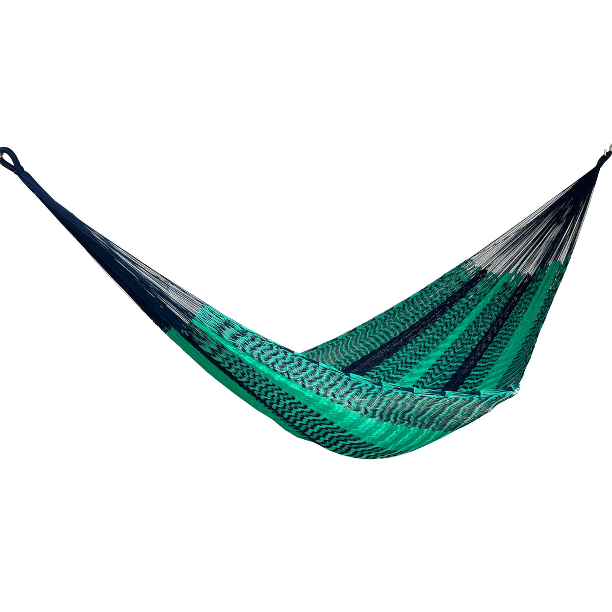 Hamaca Yucateca artesanal de nylon hilo 18 color azul y verde vista lateral