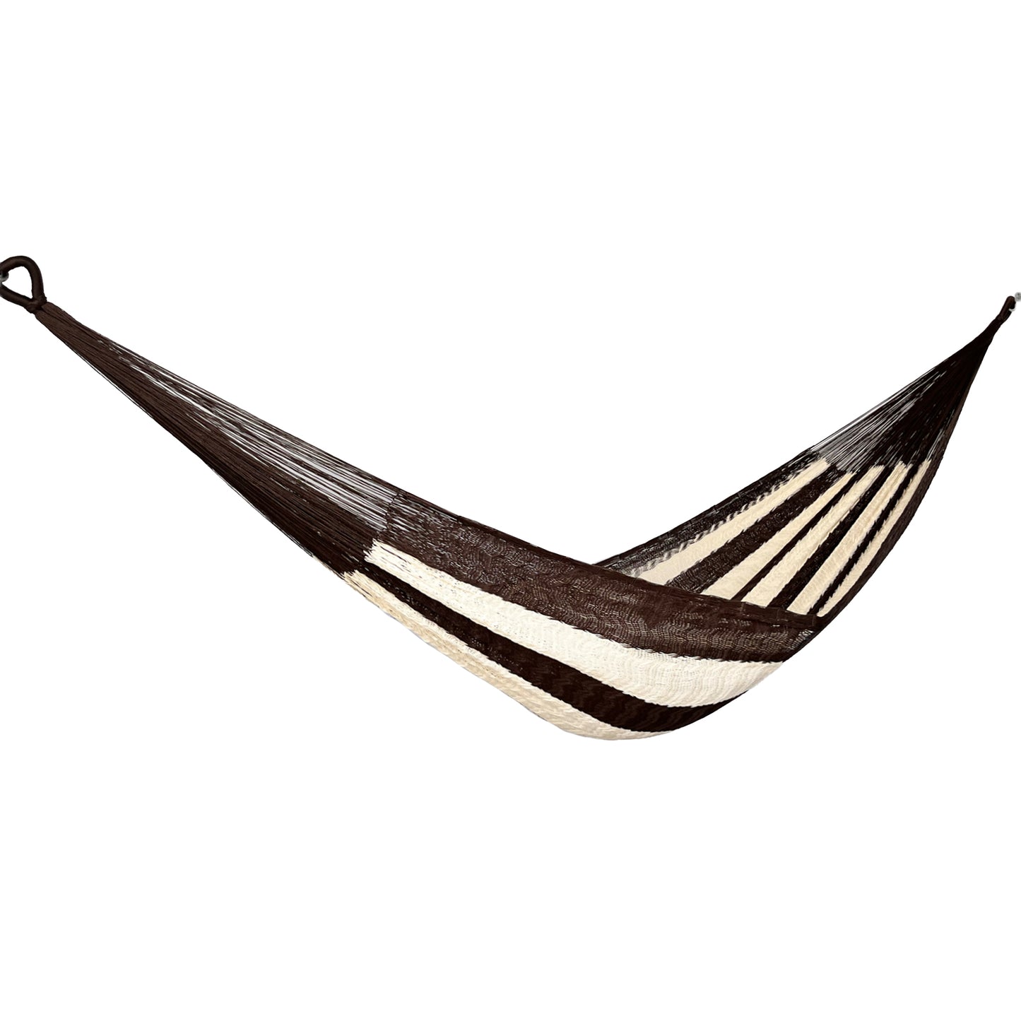 Hamaca Yucateca artesanal de nylon hilo 18 color café y beige vista lateral