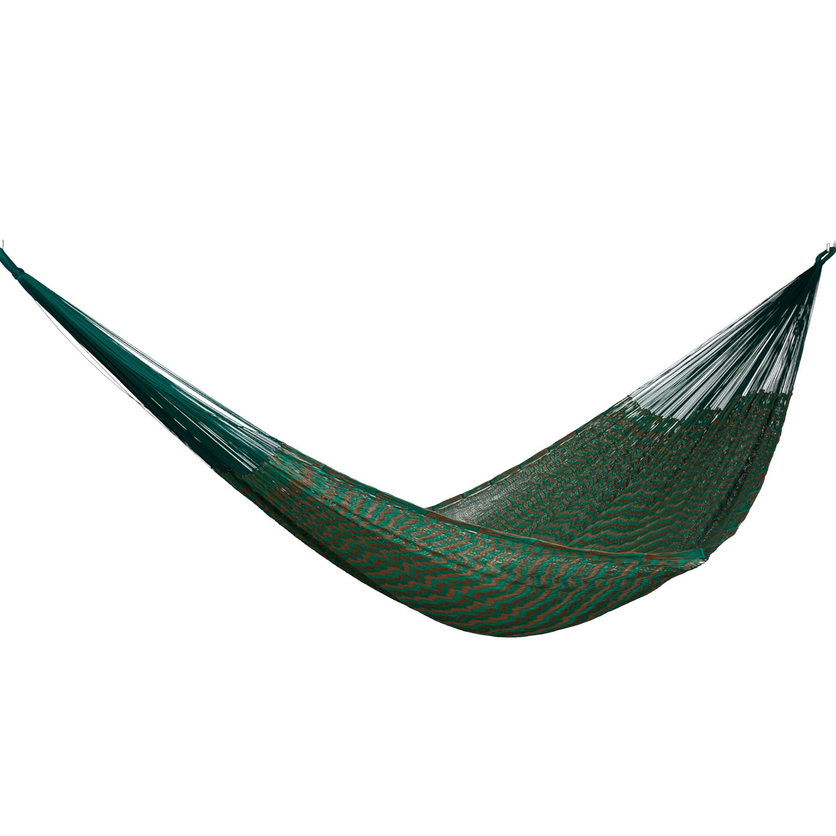Hamaca Yucateca artesanal de nylon hilo 18 color café y verde vista lateral