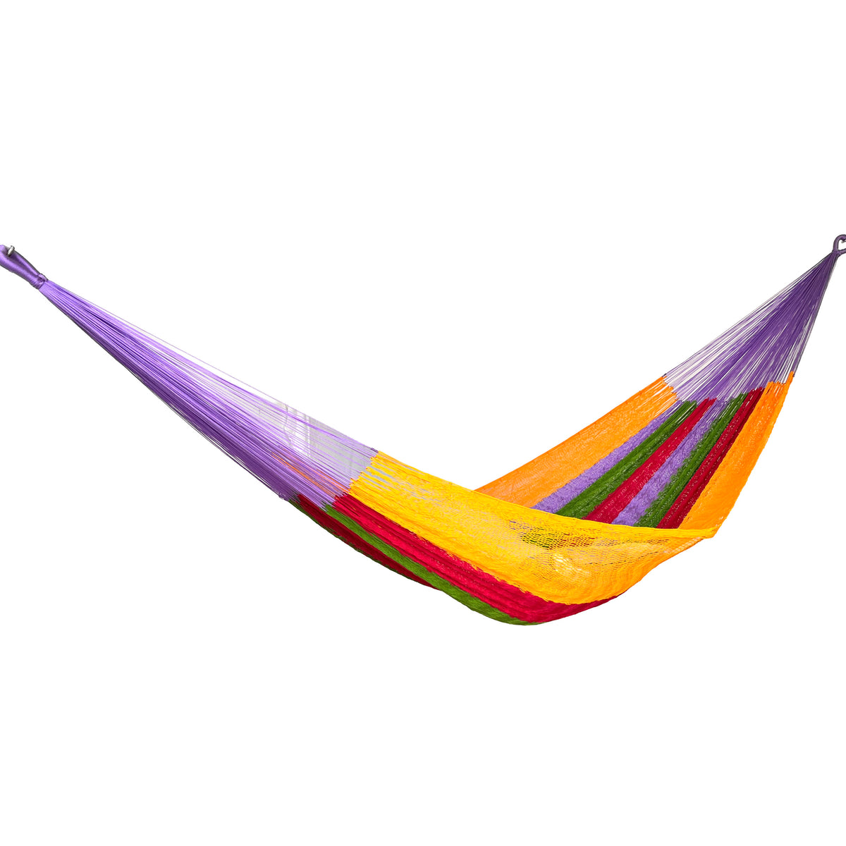Hamaca Yucateca artesanal de nylon hilo 18 en colores vivos vista lateral