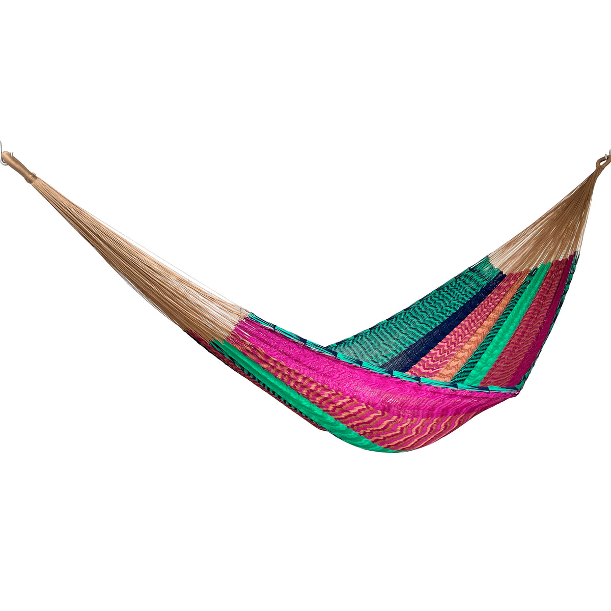 Hamaca Yucateca artesanal de nylon hilo 18 con mezcla de colores vista lateral