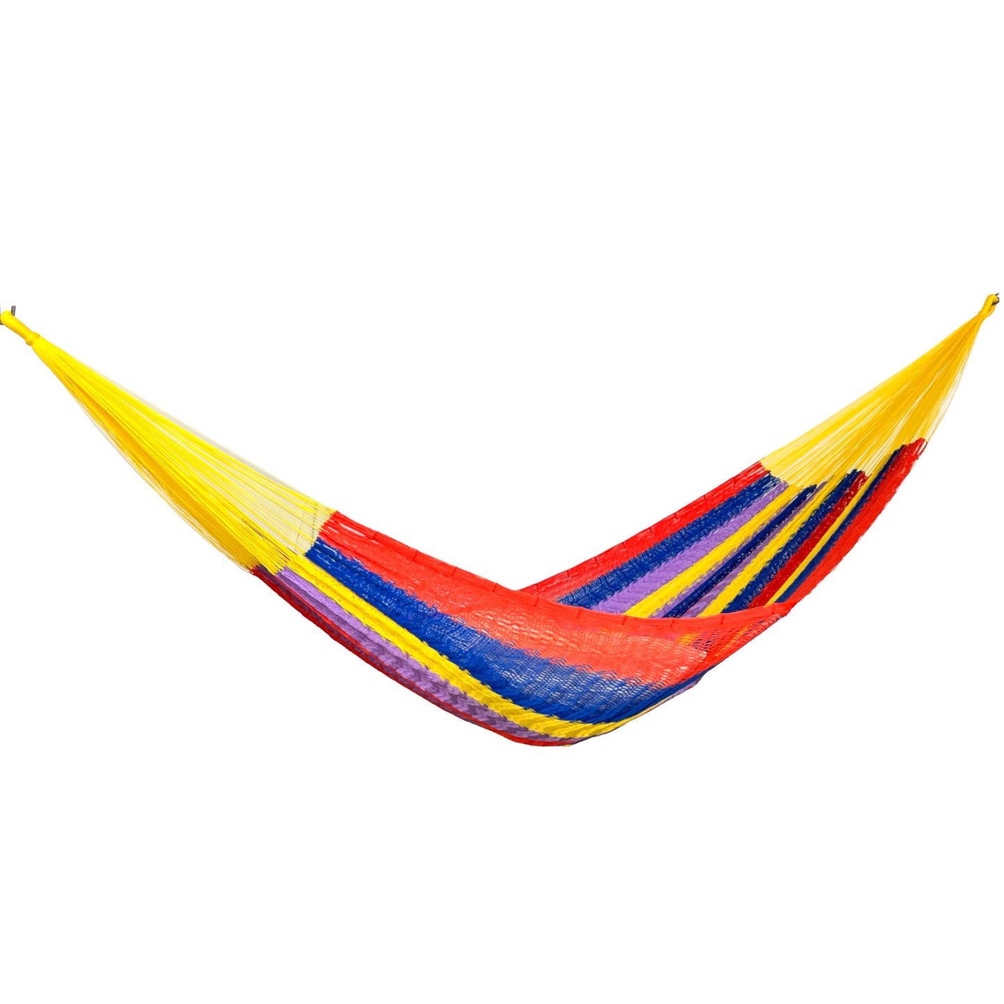 Hamaca Yucateca artesanal de nylon hilo 18 rayada multicolor vista lateral