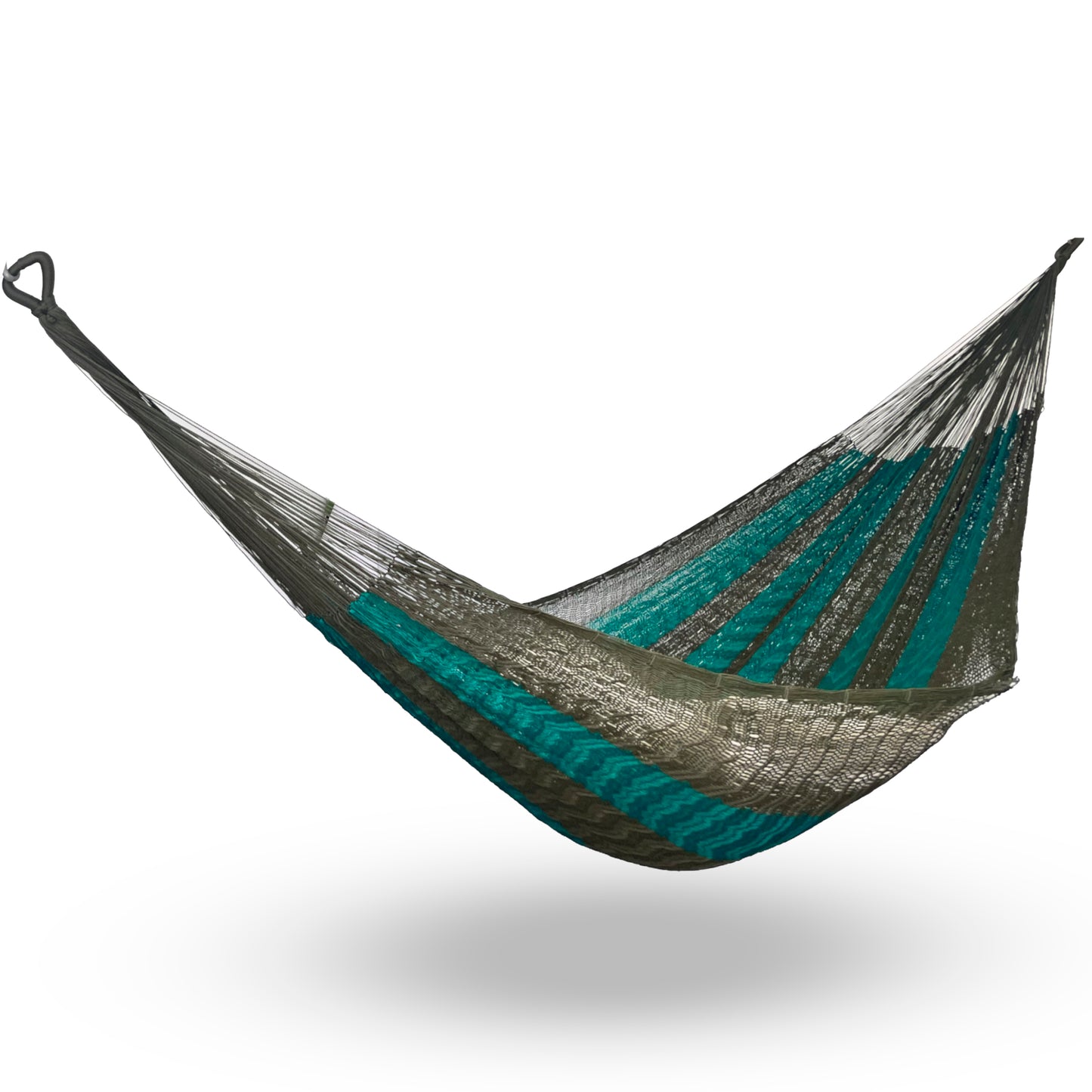 Hamaca Yucateca artesanal de nylon hilo 18 color verde oscuro colgada y abierta
