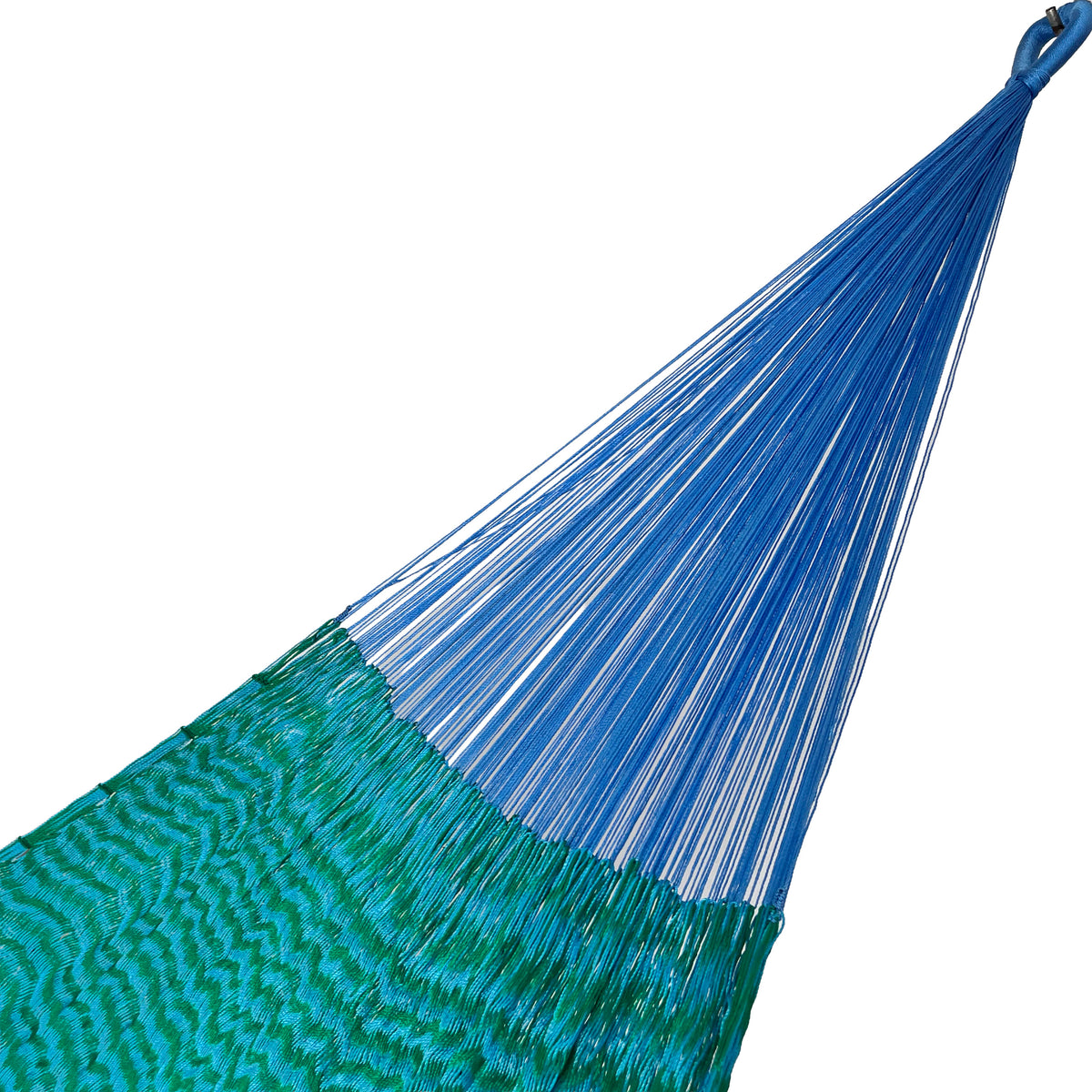 Brazo de hamaca Yucateca artesanal de nylon hilo 18 color verde y azul