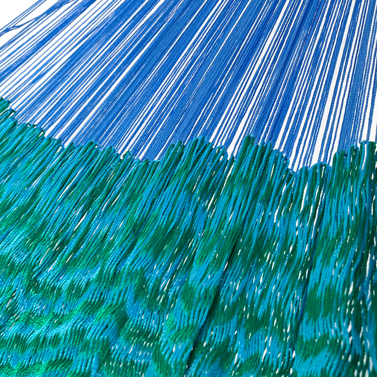 Unión entre cuerpo y brazo de hamaca Yucateca artesanal de nylon hilo 18 color verde y azul