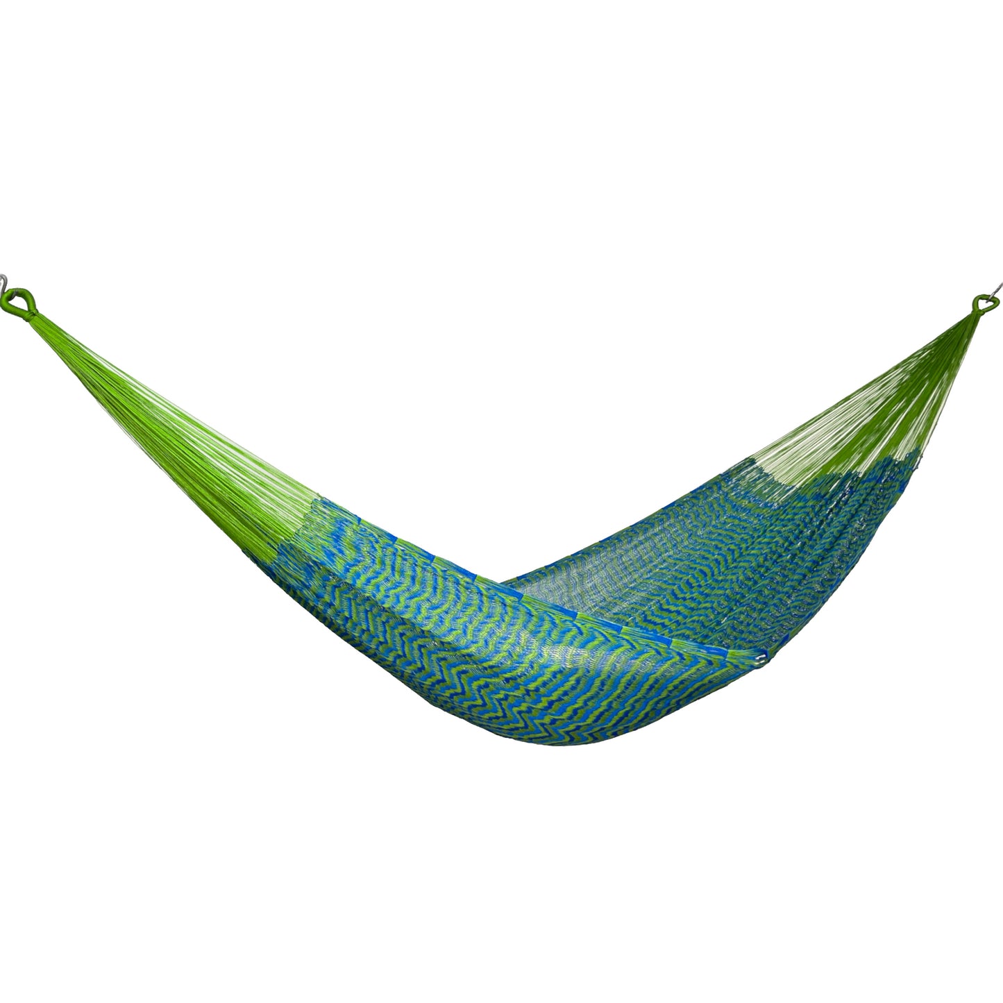 Hamaca Yucateca artesanal de nylon hilo 18 color verde y azul vista lateral