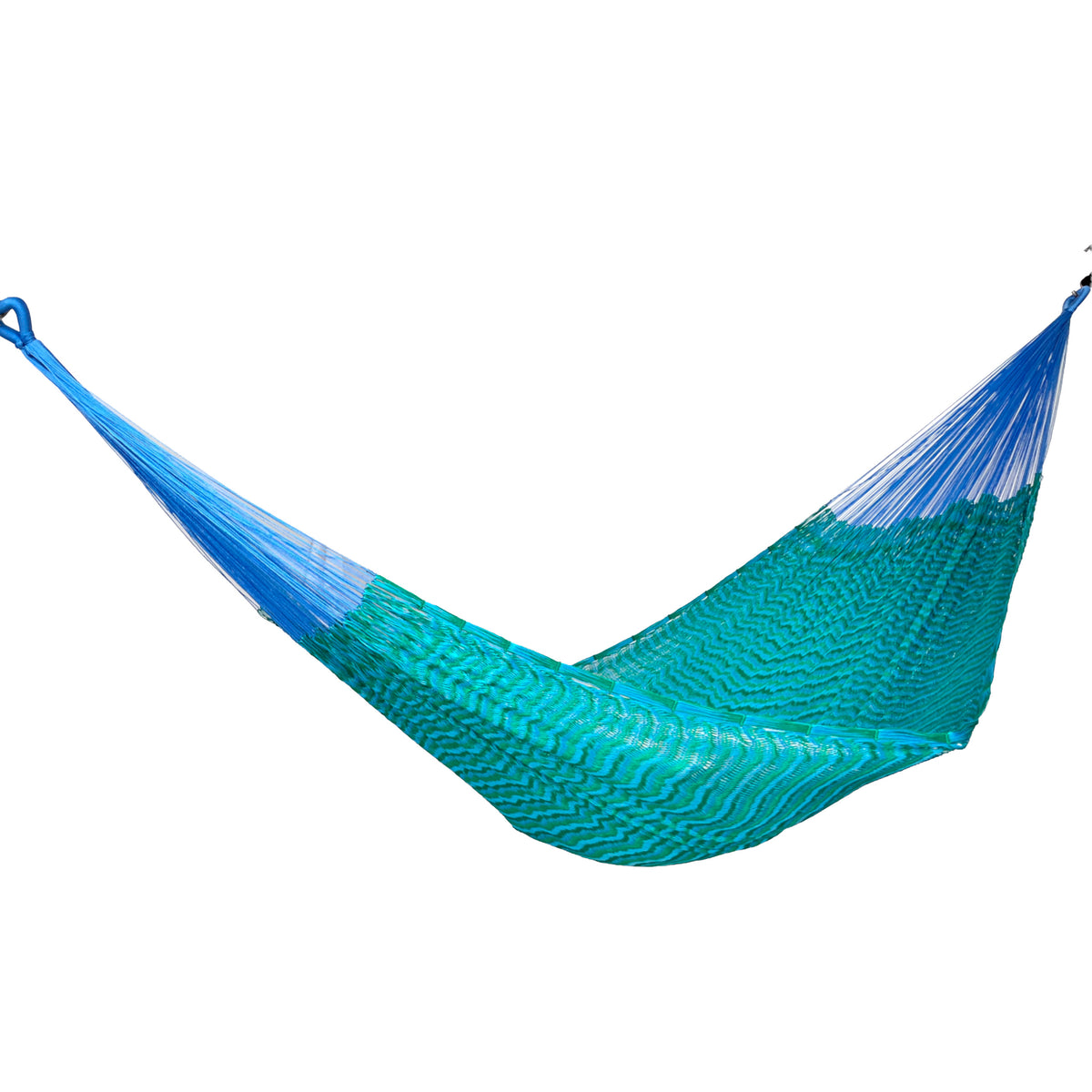 Hamaca Yucateca artesanal de nylon hilo 18 color verde y azul vista lateral