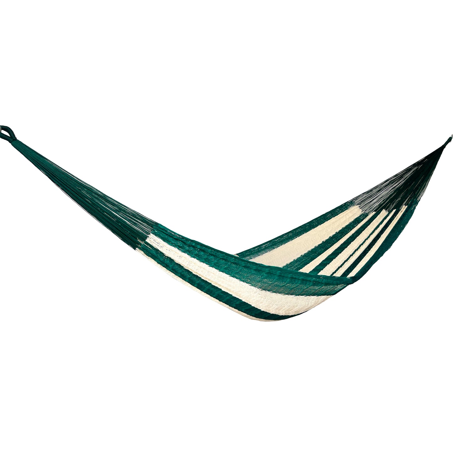 Hamaca Yucateca artesanal de nylon hilo 18 color verde y beige vista lateral