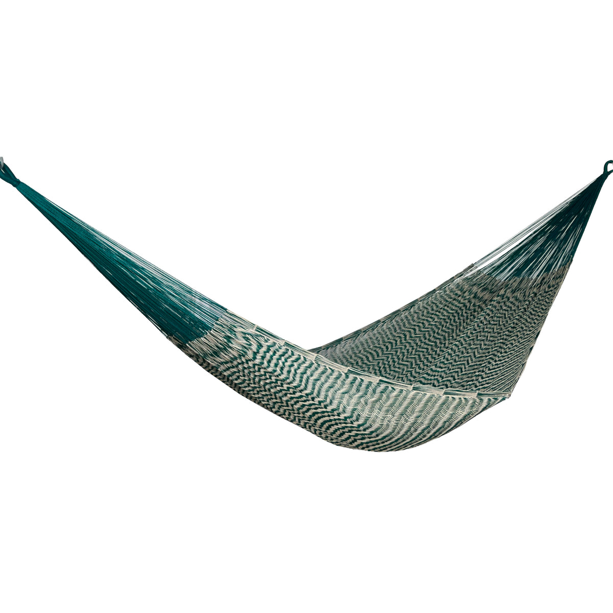 Hamaca Yucateca artesanal de nylon hilo 18 color verde y beige vista lateral