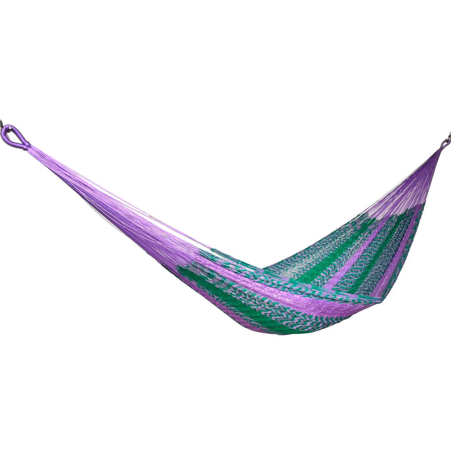 Hamaca Yucateca artesanal de nylon hilo 18 color verde y morado vista lateral