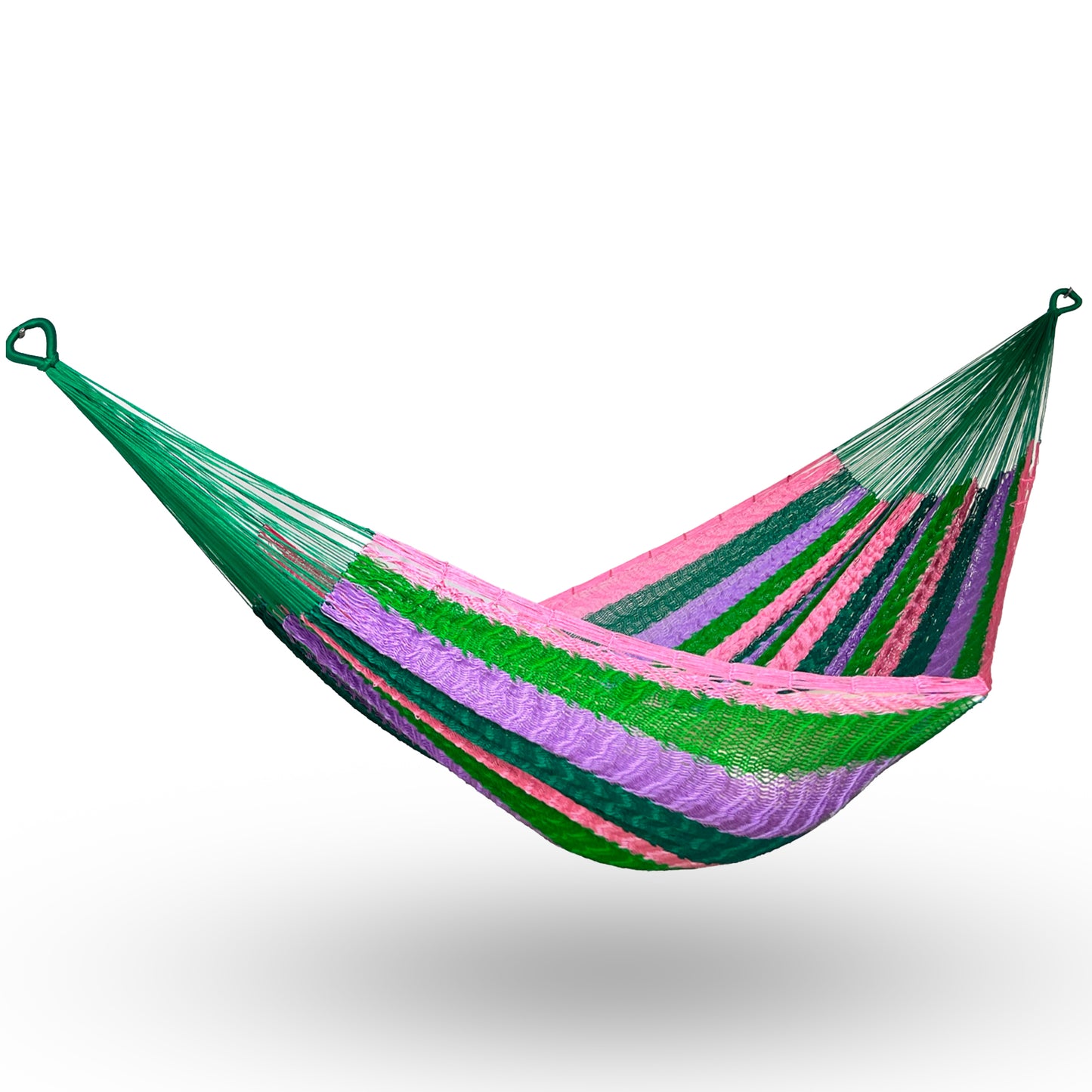Hamaca Yucateca artesanal de nylon hilo 18 color verde y rosa colgada y abierta