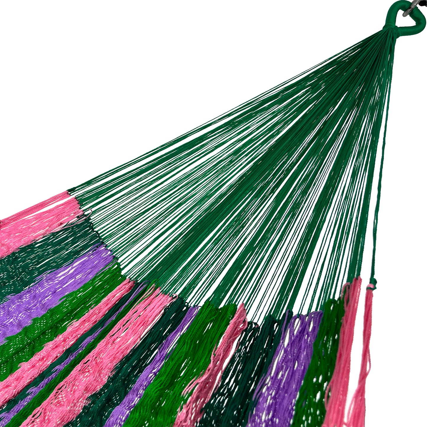 Brazo de hamaca Yucateca artesanal de nylon hilo 18 color verde y rosa