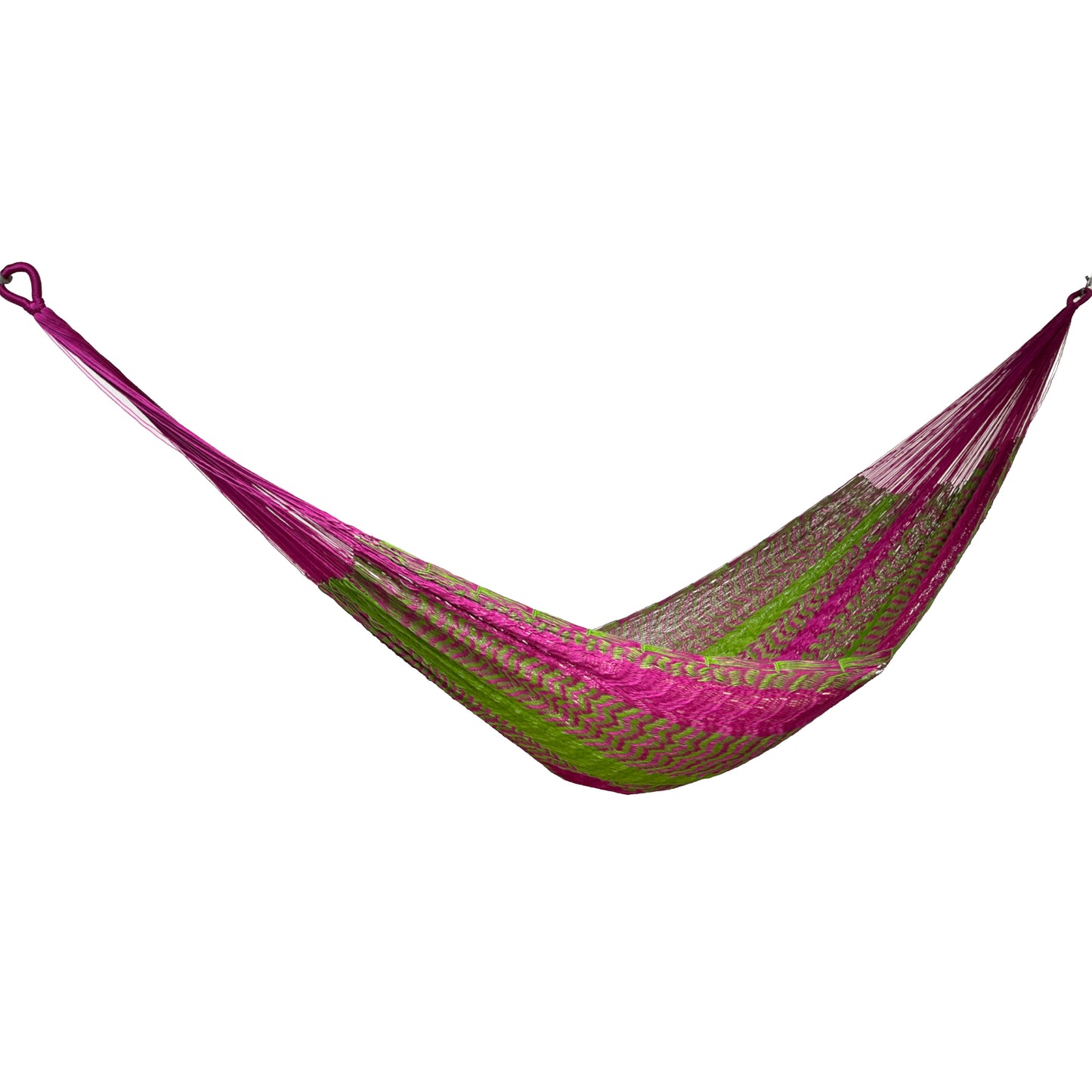 Hamaca Yucateca artesanal de nylon hilo 18 color verde y rosa vista lateral