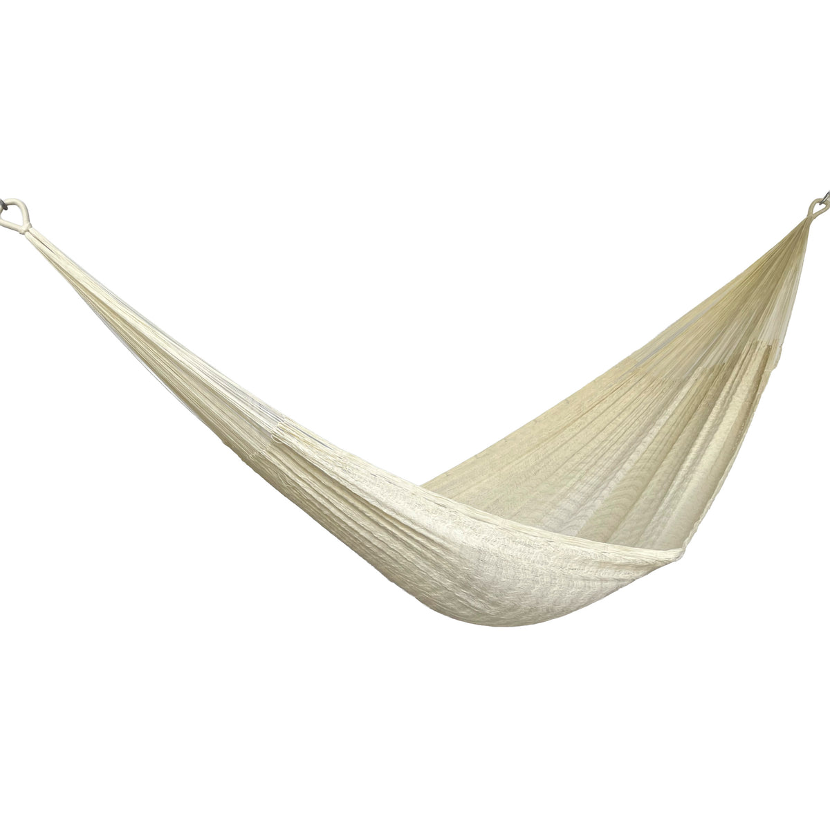 Hamaca yucateca artesanal de nylon suave beige vista de lado