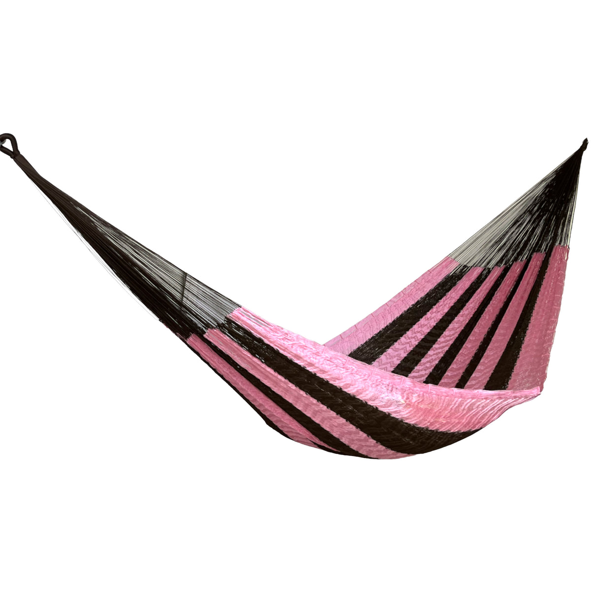 Hamaca yucateca artesanal de nylon suave rosa y café vista de lado