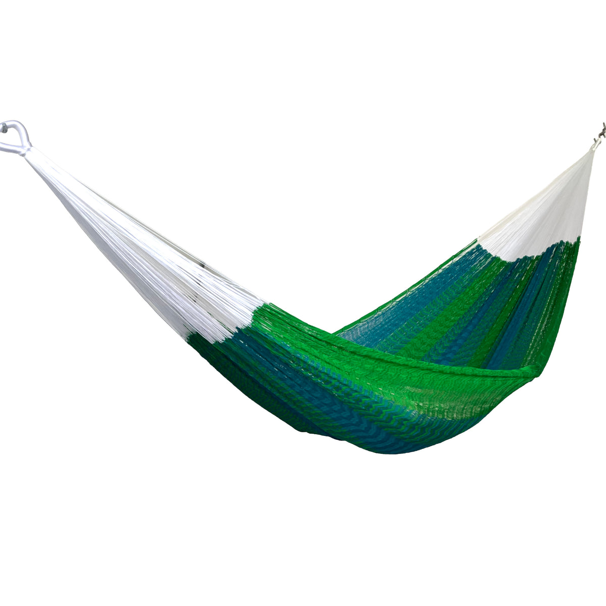 Hamaca yucateca artesanal de nylon suave verde y azul vista de lado