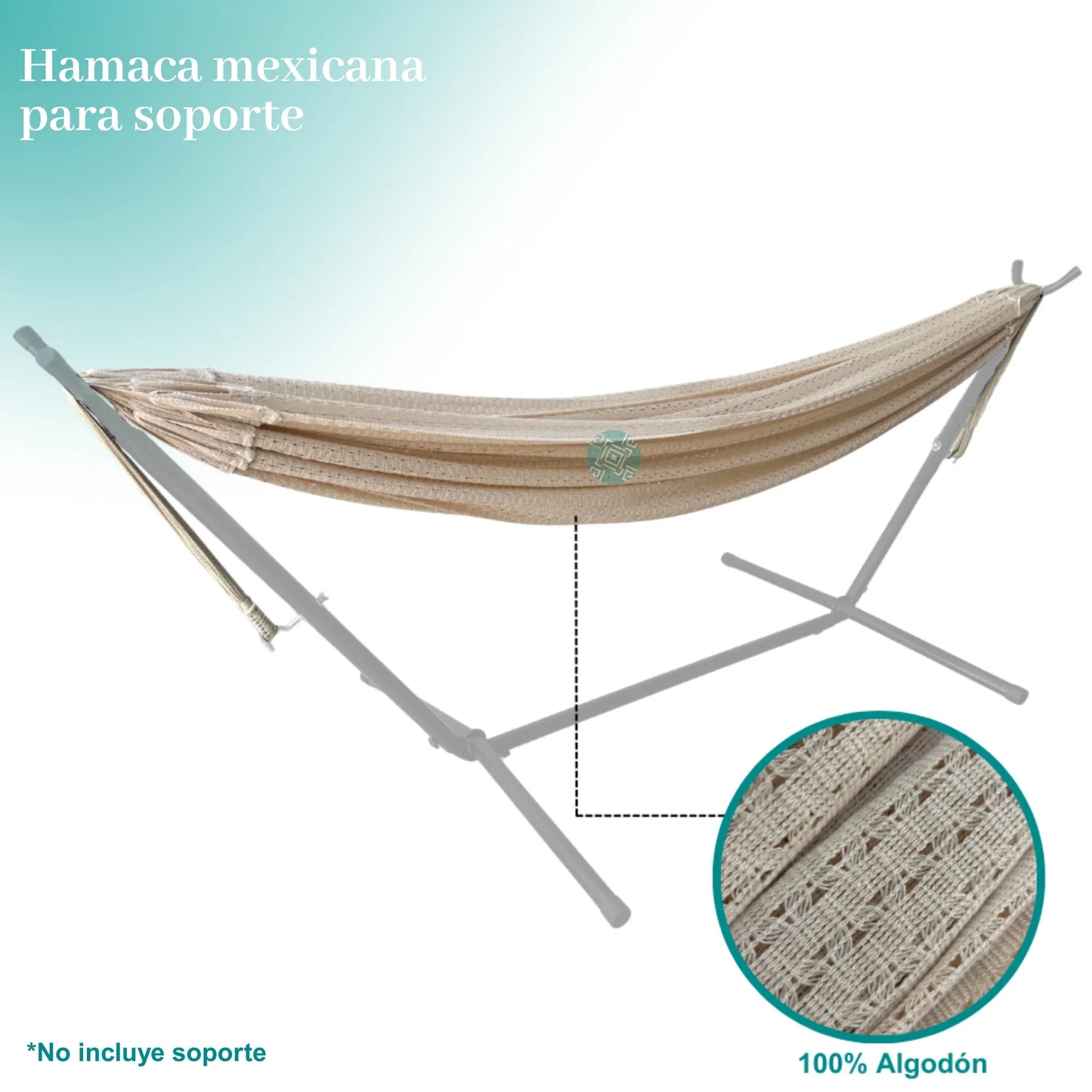 Hamaca mexicana beige de algodón colocada en base, con zoom en tejido mostrando etiqueta 100% algodón, texto “Hamaca mexicana para soporte” y nota “No incluye soporte”