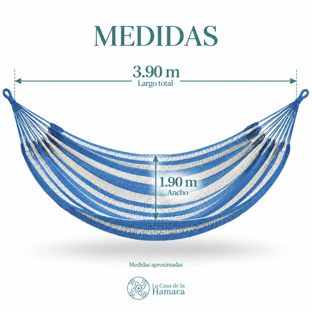 Medidas de hamaca Mexicana de algodón King Size azul, 3.90 m de largo y 1.90 m de ancho