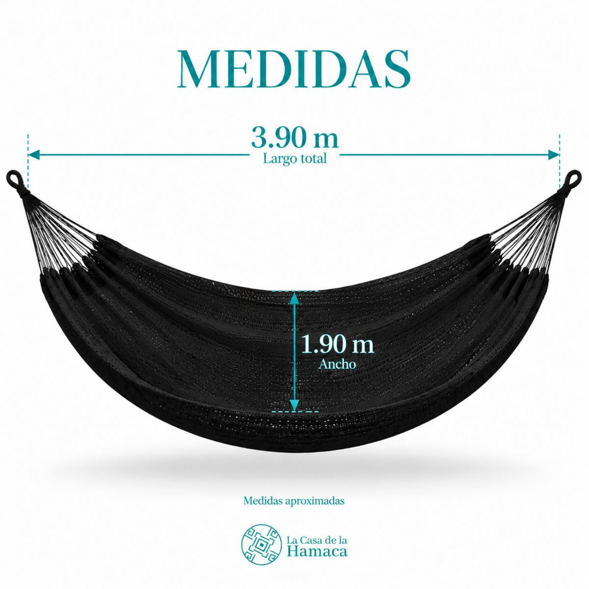 Medidas de hamaca Mexicana de algodón King Size negro, 3.90 m de largo y 1.90 m de ancho