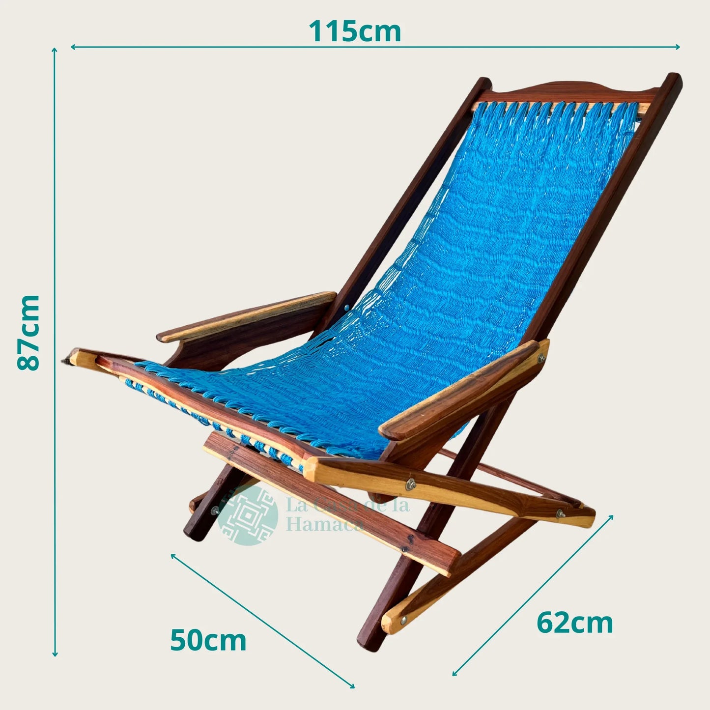 Silla mecedora artesanal plegable de Yucatán azul claro vista lateral mostrando sus medidas