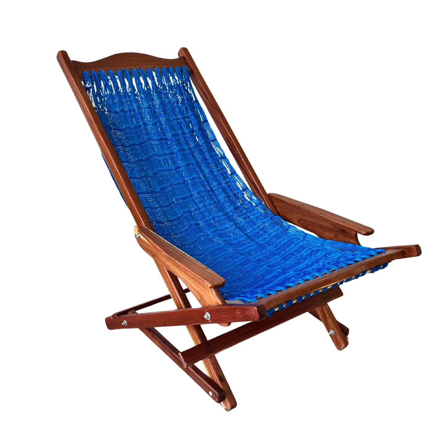 Silla mecedora artesanal plegable de Yucatán azul vista del lado derecho
